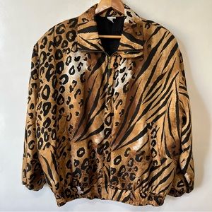 Fuda International Silk Animal Print Cheetah Tiger Bomber Jacket
